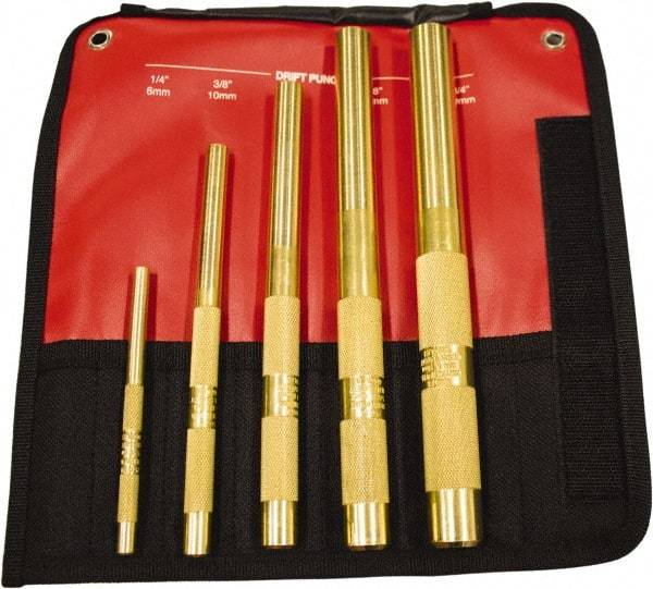 Mayhew - 5 Piece, 1/4 to 3/4", Drift Punch Set - Round Shank, Brass, Comes in Kit Bag - Americas Tooling