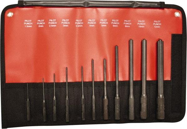 Mayhew - 11 Piece, 1.5 to 12mm, Pilot & Pin Punch Set - Hex Shank, Steel, Comes in Kit Bag - Americas Tooling