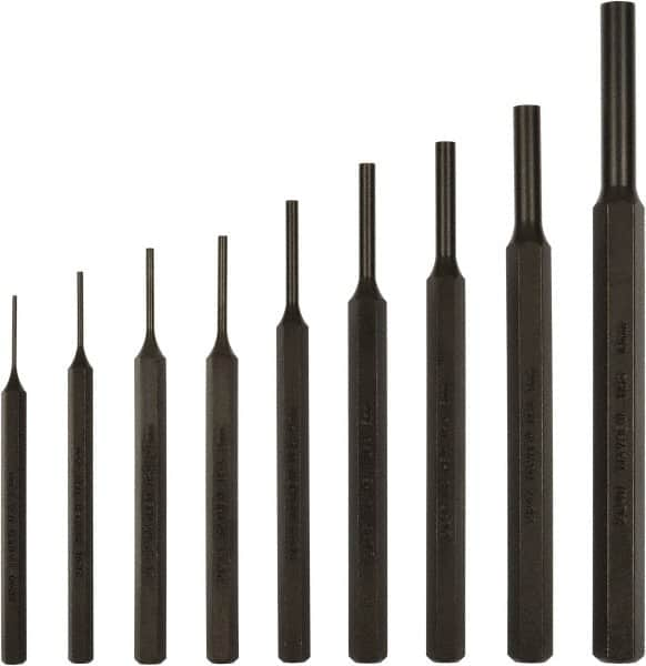 Mayhew - 9 Piece, 1.5 to 10mm, Pin Punch Set - Hex Shank, Steel, Comes in Kit Bag - Americas Tooling