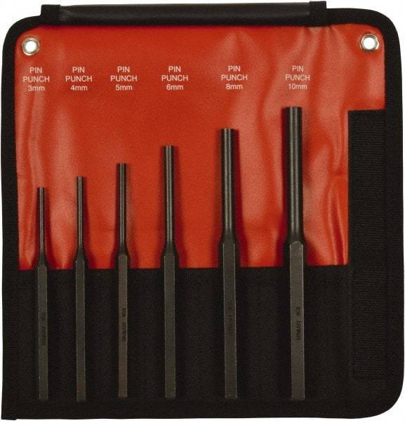 Mayhew - 6 Piece, 3 to 10mm, Pin Punch Set - Hex Shank, Steel, Comes in Kit Bag - Americas Tooling