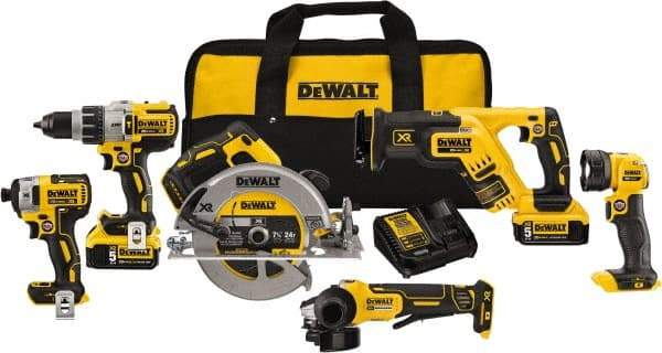 DeWALT - 20 Volt Cordless Tool Combination Kit - Includes 1/2" Brushless Hammerdrill, 1/4" Brushless Impact Driver, Brushless Reciprocating Saw, 7-1/2" Brushless Circular Saw, Cut-Off Tool/Grinder & LED Worklight, Lithium-Ion Battery Included - Americas Tooling