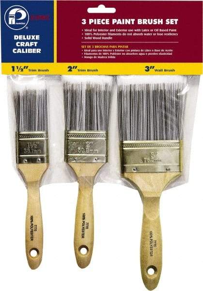 Premier Paint Roller - 1-1/2, 2 & 3" Flat Polyester General Purpose Paint Brush Set - 2-1/4 & 2-1/2 & 3" Bristle Length, 6 & 6-1/2" Wood Beavertail Handle - Americas Tooling