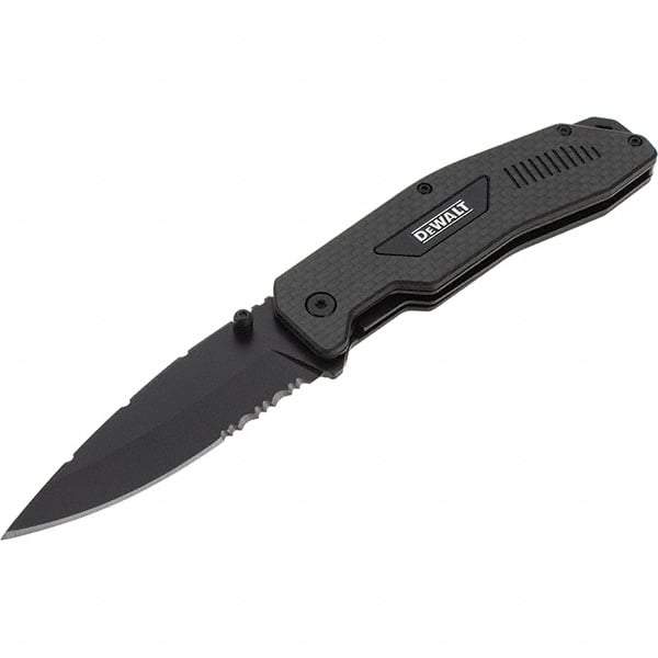 Stanley - 3-1/2" Blade, 8" OAL, Serrated & Straight Pocket Knife - 4-3/4" Closed Length, Carbon Fiber, 1 Blade, 1 Edge - Americas Tooling