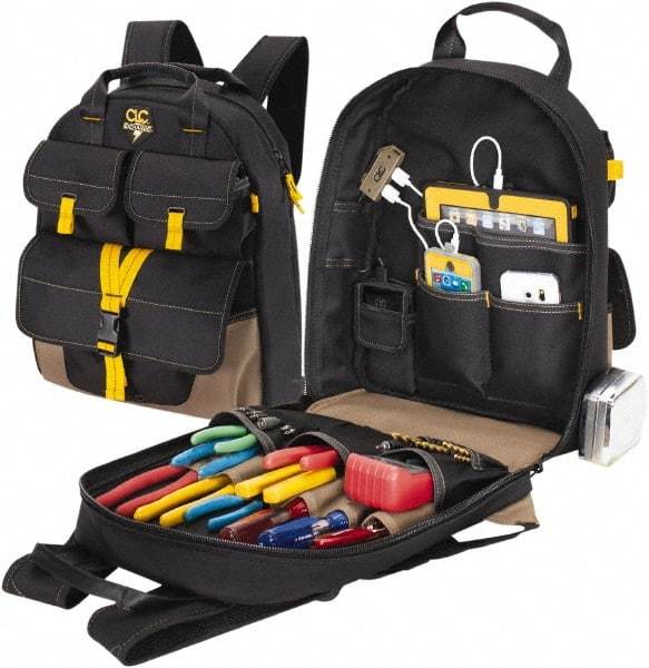 CLC - 23 Pocket Black & Khaki Polyester Backpack Tool Bag - 14" Wide x 6" Deep x 18-3/4" High - Americas Tooling