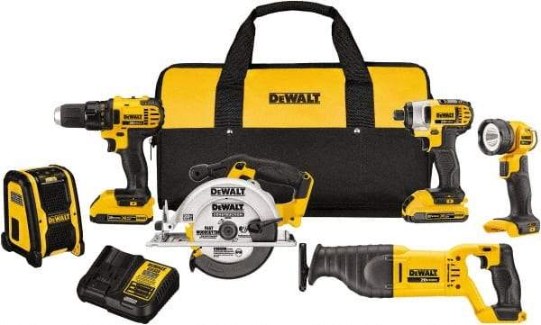 DeWALT - 20 Volt Cordless Tool Combination Kit - Includes 1/2" Compact Drill/Driver, 1/4" Impact Driver, Reciprocating Saw, 6-1/2 Circular Saw, LED Worklight & Bluetooth Speaker, Lithium-Ion Battery Included - Americas Tooling