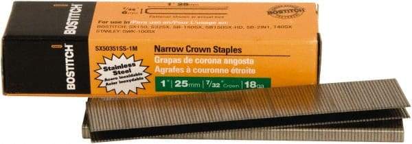 Stanley Bostitch - 1" Long x 7/32" Wide, 18 Gauge Narrow Crown Construction Staple - Steel, Chisel Point - Americas Tooling