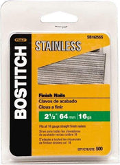 Stanley Bostitch - 16 Gauge 1/16" Shank Diam 2-1/2" Long Finishing Nails for Power Nailers - Stainless Steel, Smooth Shank, Straight Stick Adhesive Collation, Round Head, Chisel Point - Americas Tooling