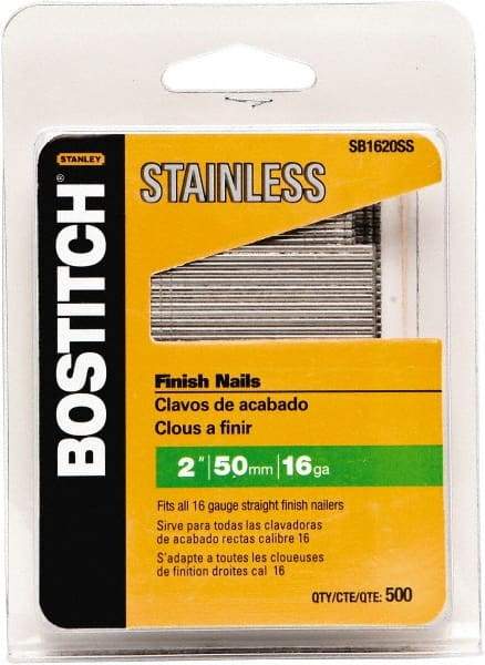 Stanley Bostitch - 16 Gauge 1/16" Shank Diam 2" Long Finishing Nails for Power Nailers - Stainless Steel, Smooth Shank, Straight Stick Adhesive Collation, Round Head, Chisel Point - Americas Tooling