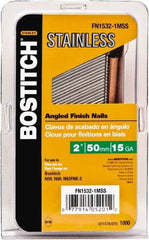 Stanley Bostitch - 15 Gauge 0.07" Shank Diam 1-1/2" Long Finishing Nails for Power Nailers - Stainless Steel, Smooth Shank, Angled Stick Adhesive Collation, Round Head, Chisel Point - Americas Tooling