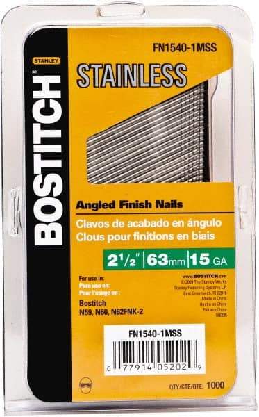 Stanley Bostitch - 15 Gauge 0.07" Shank Diam 2-1/2" Long Finishing Nails for Power Nailers - Stainless Steel, Smooth Shank, Angled Stick Adhesive Collation, Round Head, Chisel Point - Americas Tooling