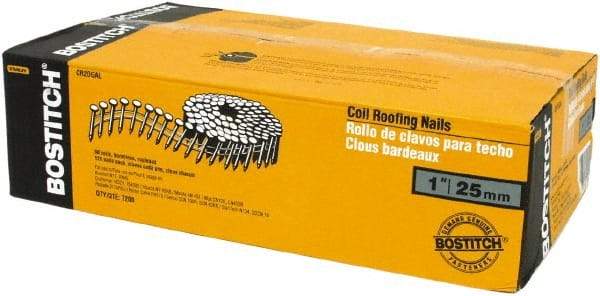 Stanley Bostitch - 13 Gauge 1" Long Roofing Nails for Power Nailers - Steel, Galvanized Finish, Smooth Shank, Coil Wire Collation, Round Head, Diamond Point - Americas Tooling