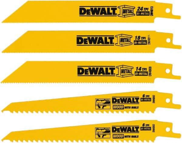 DeWALT - 5 Pieces, 6" Long x 0.04" Thickness, Bi-Metal Reciprocating Saw Blade Set - Straight Profile, 6 to 18 Teeth, Toothed Edge - Americas Tooling