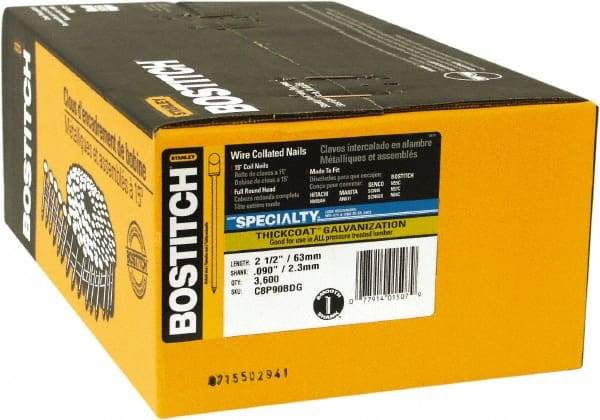 Stanley Bostitch - 13 Gauge 2-1/2" Long Siding Nails for Power Nailers - Steel, Galvanized Finish, Smooth Shank, Coil Wire Collation, Round Head, Blunt Diamond Point - Americas Tooling