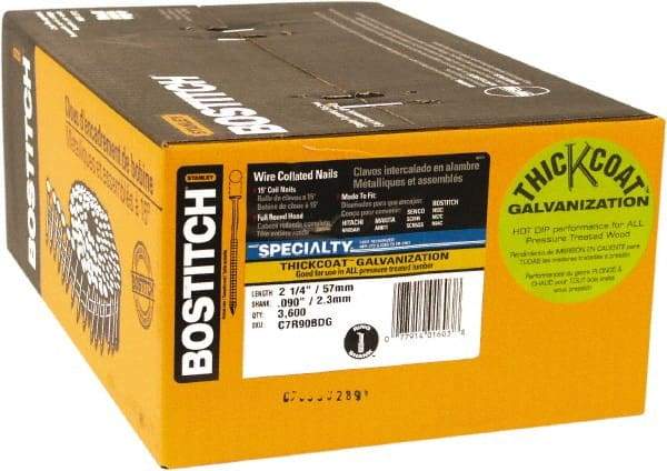 Stanley Bostitch - 13 Gauge 2-3/16" Long Siding Nails for Power Nailers - Steel, Galvanized Finish, Ring Shank, Coil Wire Collation, Round Head, Blunt Diamond Point - Americas Tooling