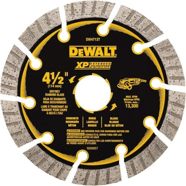 DeWALT - 4-1/2" Diam, 5/8" Arbor Hole Diam, 10 Tooth Wet & Dry Cut Saw Blade - Diamond Matrix, Fast Cutting Action, Standard Round Arbor - Americas Tooling