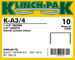 Klinch-Pak - 3/4" Long x 1-3/8" Wide, 0 Gauge Wide Crown Construction Staple - Steel, Copper Finish, Chisel Point - Americas Tooling