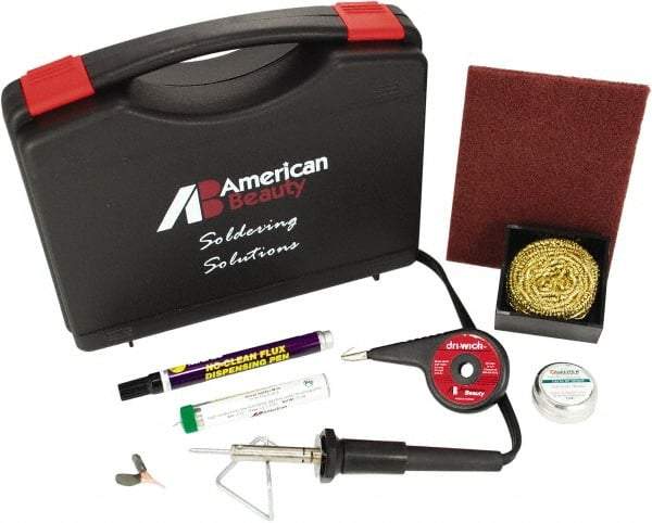 American Beauty - Soldering Iron Kit - Includes Desoldering Braid, Cleaning Pad, Brass Sponge Tip Cleaner, Flux Pen, Solder, Tip Tinner, Heat Sink, Soldering Stand, Carrying Case - Exact Industrial Supply