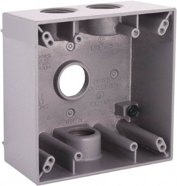 Hubbell-Raco - 2 Gang, (4) 3/4" Knockouts, Aluminum Square Device Box - 4-1/2" Overall Height x 2-1/4" Overall Depth, Weather Resistant - Americas Tooling