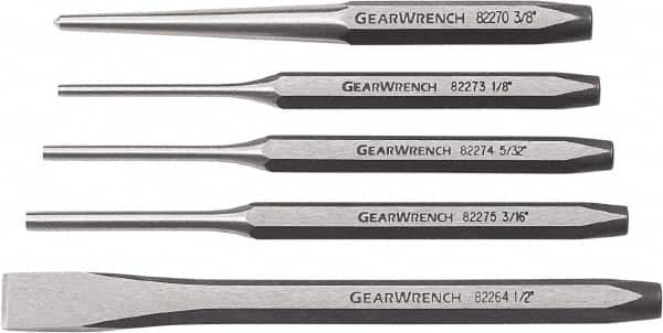 GearWrench - 5 Piece Cold Chisel, Center & Pin Punch Set - 3/8 to 1/2" Chisel, 3/8 to 1/2" Punch, Hex Shank - Americas Tooling