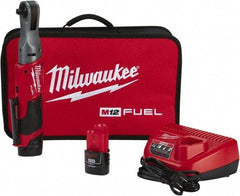 Milwaukee Tool - 3/8" Drive 12 Volt Pistol Grip Cordless Impact Wrench & Ratchet - 200 RPM, 55 Ft/Lb Torque, 2 Lithium-Ion Batteries Included - Americas Tooling