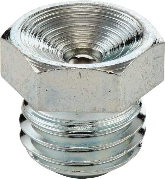 Umeta - Straight Head Angle, M6x1 Metric Steel Flush-Style Grease Fitting - 7mm Hex, 9mm Overall Height, 6mm Shank Length, Zinc Plated Finish - Americas Tooling