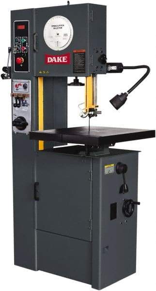 Dake - 15-1/2" Throat Capacity, Variable Speed Pulley Vertical Bandsaw - 25 to 1,200 SFPM, 2 hp, Three Phase - Americas Tooling