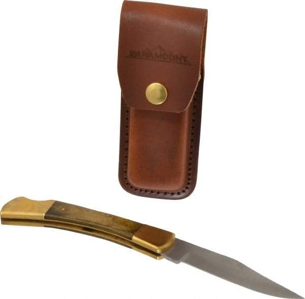 Paramount - 3-3/4" Blade, 8-1/2" OAL, Clip Point Folding Knife - 4-3/4" Closed Length, Wood, 1 Blade, Solid Brass Bolsters & Pins/Leather Sheath - Americas Tooling