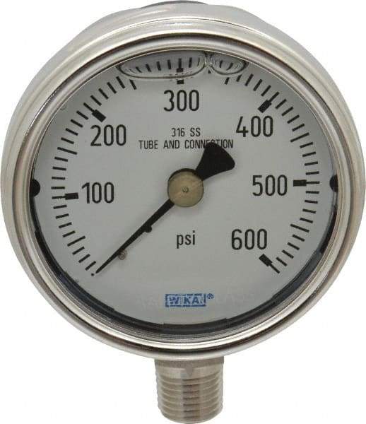 Wika - 2-1/2" Dial, 1/4 Thread, 0-600 Scale Range, Pressure Gauge - Lower Connection Mount, Accurate to 2-1-2% of Scale - Americas Tooling