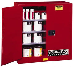 Justrite - 2 Door, 3 Shelf, Red Steel Standard Safety Cabinet for Flammable and Combustible Liquids - 44" High x 43" Wide x 18" Deep, Manual Closing Door, 3 Point Key Lock, 40 Gal Capacity - Americas Tooling