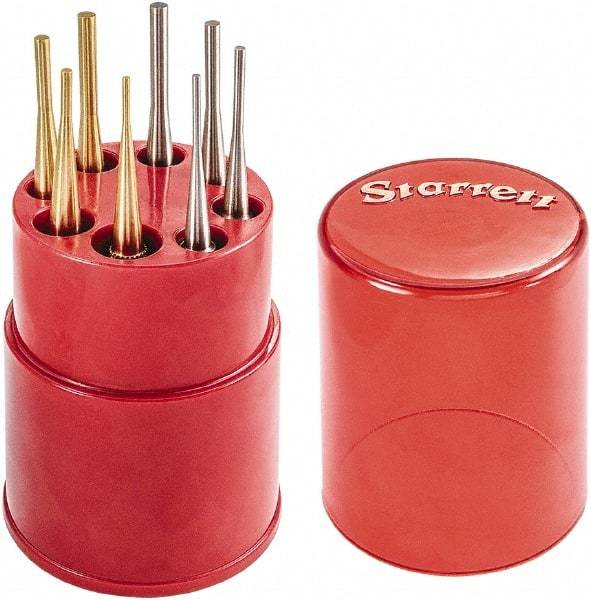 Starrett - 8 Piece, 1/16 to 5/32", Pin Punch Set - Round Shank, Brass & Steel, Comes in Plastic Tube - Americas Tooling