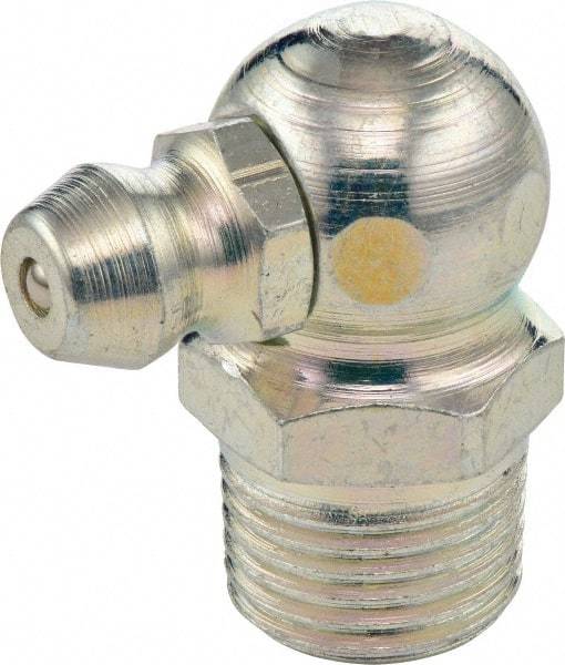 Umeta - 90° Head Angle, 1/4-18 PTF Steel Standard Grease Fitting - 14mm Hex, 22mm Overall Height, 6.5mm Shank Length, Zinc Plated Finish - Americas Tooling