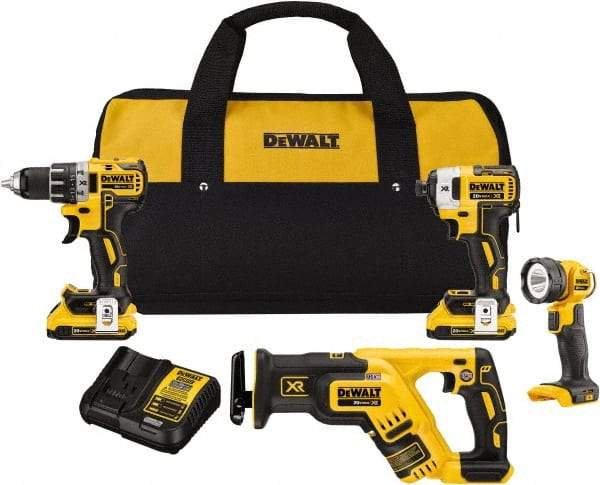 DeWALT - 20 Volt Cordless Tool Combination Kit - Includes 1/2" Drill/Driver, 1/4" Impact Driver, Reciprocating Saw & LED Worklight, Lithium-Ion Battery Included - Americas Tooling