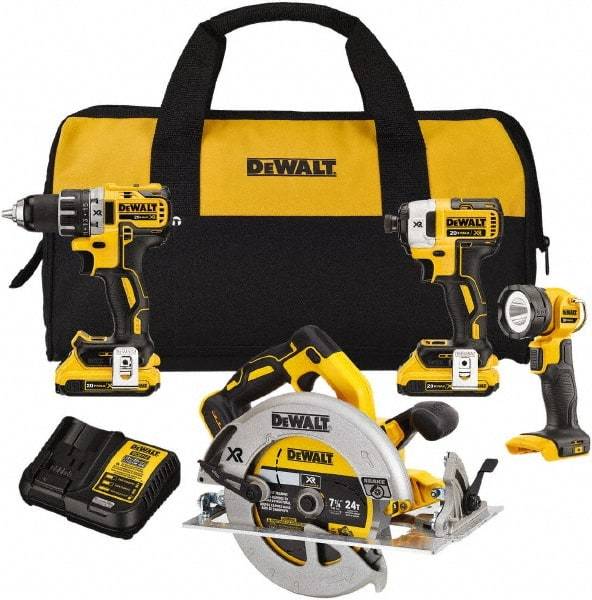 DeWALT - 20 Volt Cordless Tool Combination Kit - Includes 1/2" Drill/Driver, 1/4" Impact Driver, 7-1/4 Circular Saw & LED Worklight, Lithium-Ion Battery Included - Americas Tooling