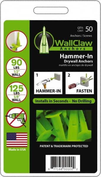 WallClaw Anchors - #8 Screw, 1/2" Diam, 2" Long, 1/4" Thick, Hammer-In Drywall & Hollow Wall Anchor - Nylon, Use with Drywall & Hollow Wall - Americas Tooling