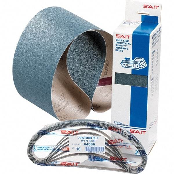 Sait - 1/4" Wide x 18" OAL, 36 FEPA Grit, Zirconia Alumina Abrasive Belt - Zirconia Alumina, Very Coarse, Coated, Y Weighted Cloth Backing, Wet/Dry, Series Z-H - Americas Tooling