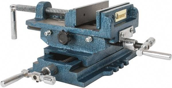 Interstate - 5-5/16" Jaw Opening Capacity x 1-5/16" Throat Depth, Horizontal Drill Press Vise - 5" Wide x 1-5/16" High Jaw, Cross Slide Base, Standard Speed, 10" OAL x 5.3" Overall Height, Cast Iron - Americas Tooling