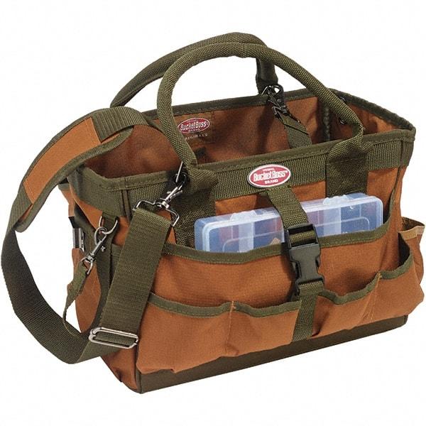 Bucket Boss - 12 Pocket Brown & Green Polyester Tool Tote - 16" Wide x 7" Deep x 8" High - Americas Tooling