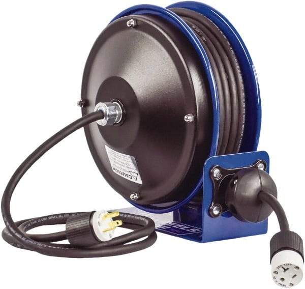 CoxReels - 16 AWG, 30' Cable Length, Cord & Cable Reel with Outlet End - 1 Outlet, NEMA 5-15R, 13 Amps, 115 Volts, SJO Cable, Blue Reel, Spring Driven Reel - Americas Tooling