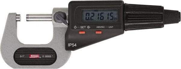 SPI - 6 to 7" Range, 0.00005" Resolution, Standard Throat IP54 Electronic Outside Micrometer - 0.00028" Accuracy, Friction Thimble, Carbide-Tipped Face, LR44 Battery, Includes NIST Traceable Certification of Inspection - Americas Tooling