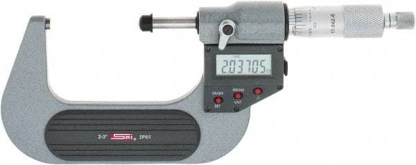 SPI - 2 to 3" Range, 0.00005" Resolution, Standard Throat IP65 Electronic Outside Micrometer - 0.0002" Accuracy, Ratchet Stop Thimble, Carbide-Tipped Face, LR44 Battery, Includes NIST Traceable Certification of Inspection - Americas Tooling