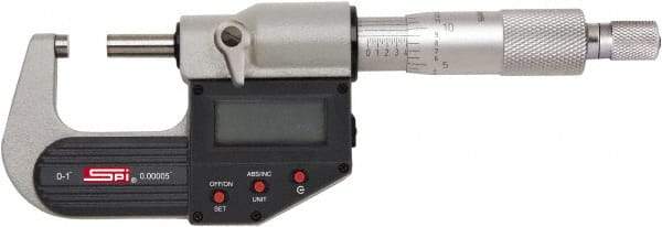 SPI - 4 to 5" Range, 0.00005" Resolution, Standard Throat IP65 Electronic Outside Micrometer - 0.0002" Accuracy, Ratchet Stop Thimble, Carbide-Tipped Face, LR44 Battery, Includes NIST Traceable Certification of Inspection - Americas Tooling