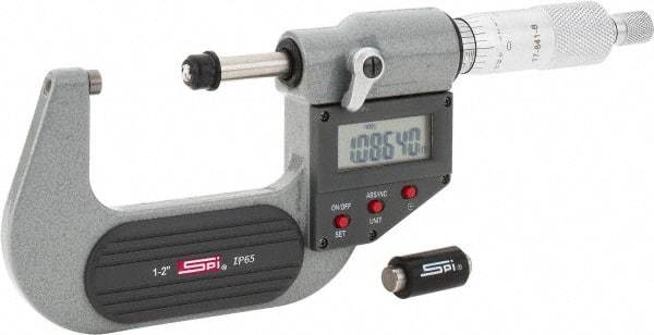 SPI - 1 to 2" Range, 0.00005" Resolution, Standard Throat IP65 Electronic Outside Micrometer - 0.0001" Accuracy, Ratchet Stop Thimble, Carbide-Tipped Face, LR44 Battery, Includes NIST Traceable Certification of Inspection - Americas Tooling