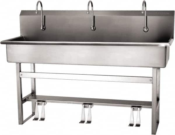 SANI-LAV - 57" Long x 16-1/2" Wide Inside, 1 Compartment, Grade 304 Stainless Steel (4) Person Wash-Station with Double Foot Valves - 16 Gauge, 60" Long x 20" Wide x 45" High Outside, 8" Deep - Americas Tooling