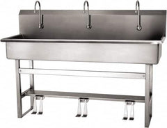 SANI-LAV - 57" Long x 16-1/2" Wide Inside, 1 Compartment, Grade 304 Stainless Steel (4) Person Wash-Station with Double Foot Valves - 16 Gauge, 60" Long x 20" Wide x 45" High Outside, 8" Deep - Americas Tooling