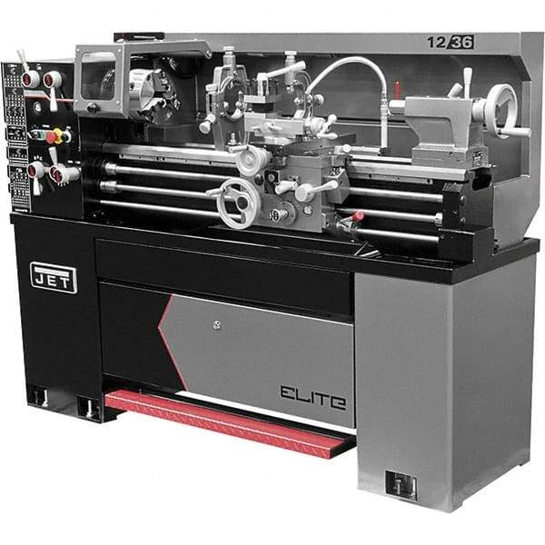 Jet - 12" Swing, 36" Between Centers, 230 Volt, Single Phase Engine Lathe - 5MT Taper, 2 hp, 40 to 2,000 RPM, 1-9/16" Bore Diam, 30" Deep x 60" High x 71" Long - Americas Tooling