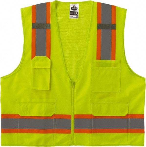 Ergodyne - Size S/M High Visibility Lime Mesh/Solid Surveyor's Vest - 36 to 44" Chest, ANSI/ISEA 107, Zipper Closure, 6 Pockets, Polyester - Americas Tooling