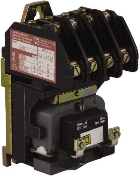 Square D - No Enclosure, 4 Pole, Electrically Held Lighting Contactor - 20 A (Tungsten), 30 A (Fluorescent), 110 VAC at 50 Hz, 120 VAC at 60 Hz, 4NO Contact Configuration - Americas Tooling