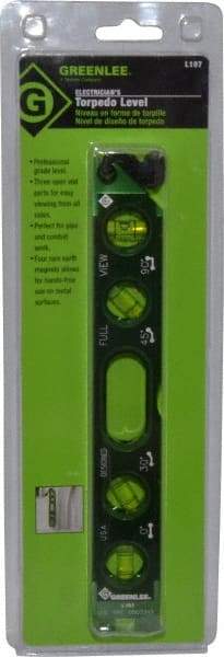 Greenlee - Magnetic 8-1/2" Long 4 Vial Torpedo Level - Aluminum, Green, 1 0°, 1 30°, 1 45° & 1 90° Vials - Americas Tooling