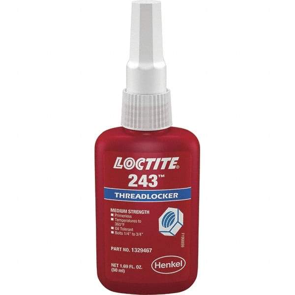 Loctite - 50 mL Bottle, Blue, Medium Strength Liquid Threadlocker - Series 243, 24 hr Full Cure Time, Hand Tool Removal - Americas Tooling