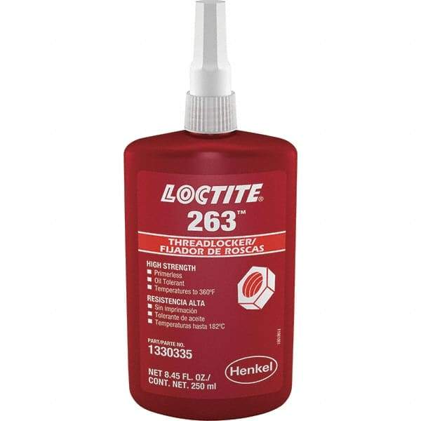 Loctite - 250 mL Bottle, Red, High Strength Liquid Threadlocker - Series 263, 24 hr Full Cure Time, Hand Tool, Heat Removal - Americas Tooling